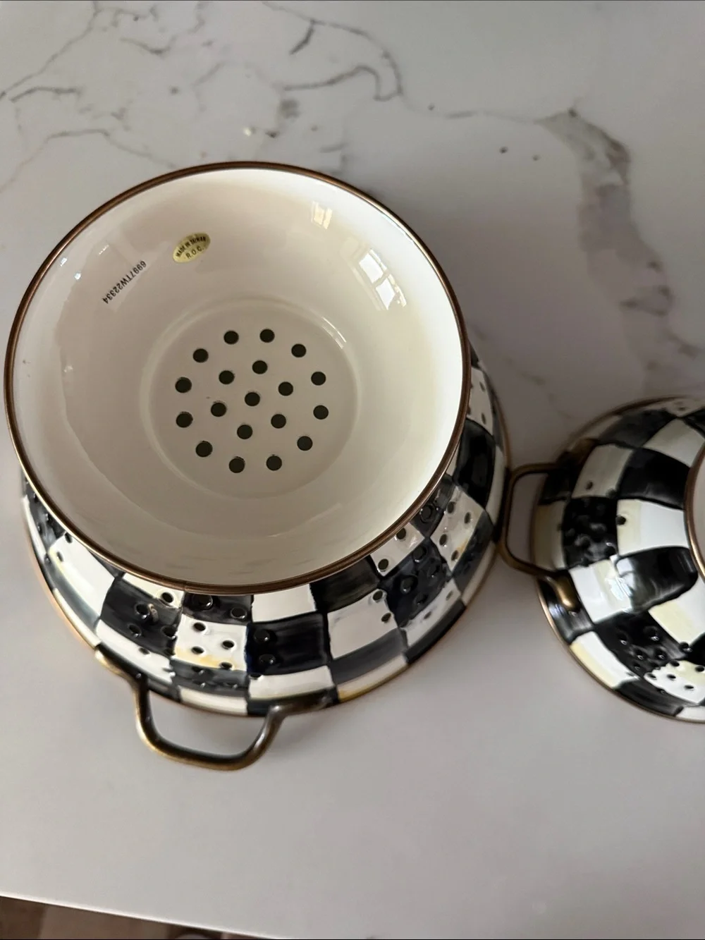 McKenzie Childs Enamel Colanders.Cream with Bronze Trim. Set of 2 Pieces Bk & Wh